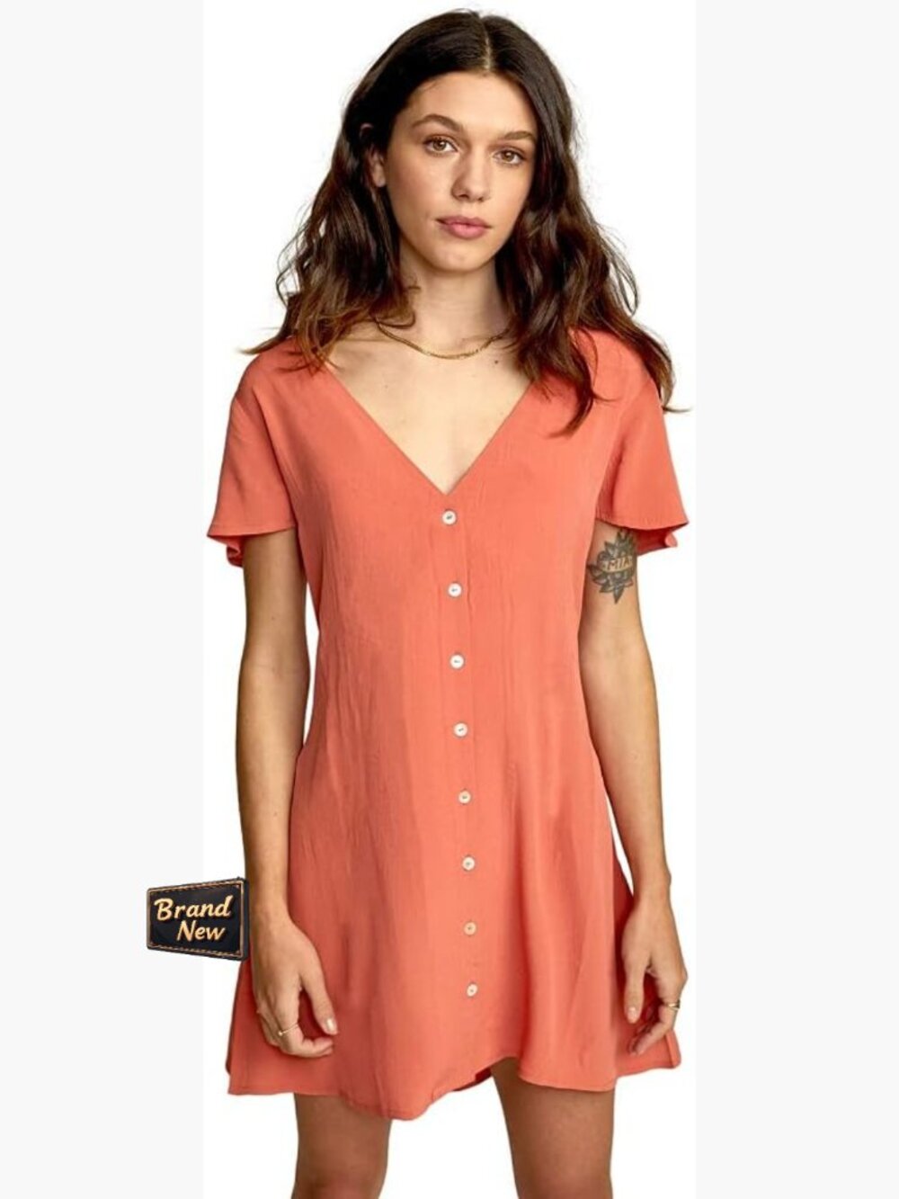 Woven A-Line Mini Dress V-Neck Lace-Up Back